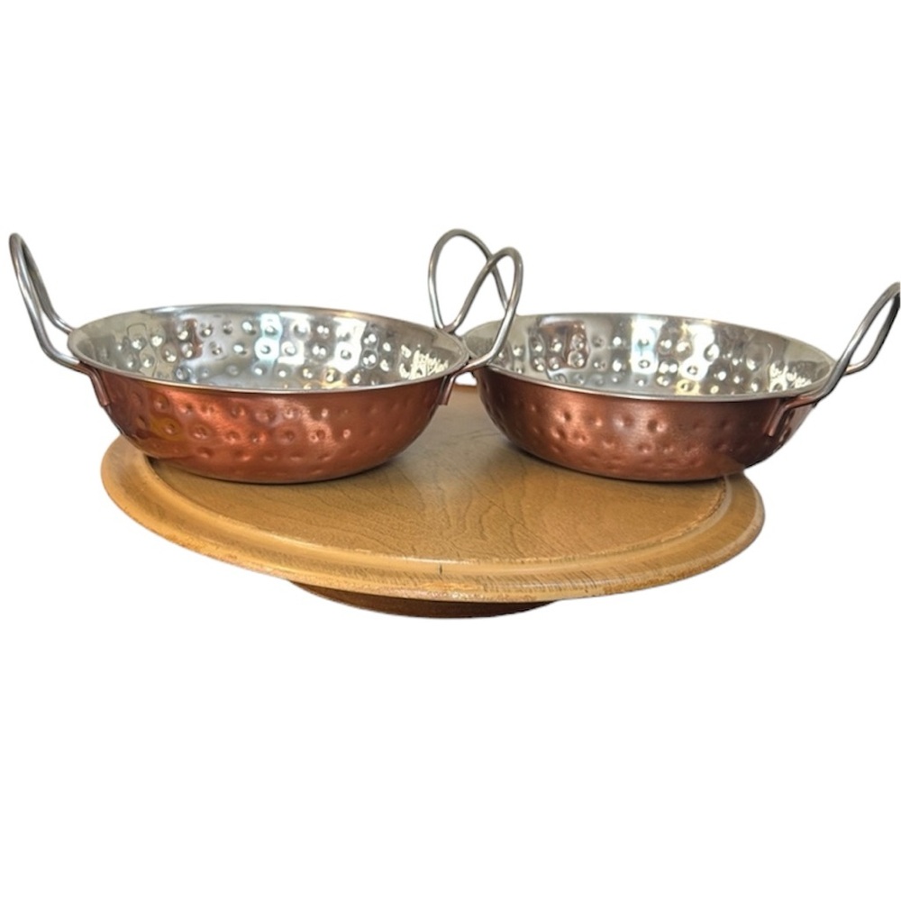 Set of 2 Hammered Copper & Stainless Steel Serving Bowls‎ ~7” Double Handles